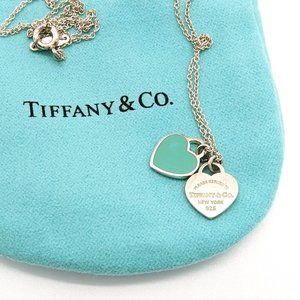 Tiffany & Co. Mini Double Heart Tag Necklace Blue Enamel With 16in Tiffany Chain